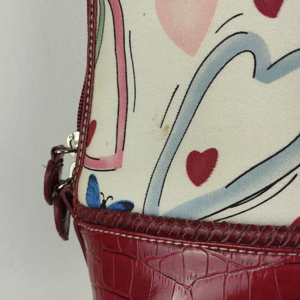 Brighton-esque Whimsical Heart Butterfly Croc-Embossed Leather Trim Purse Bag